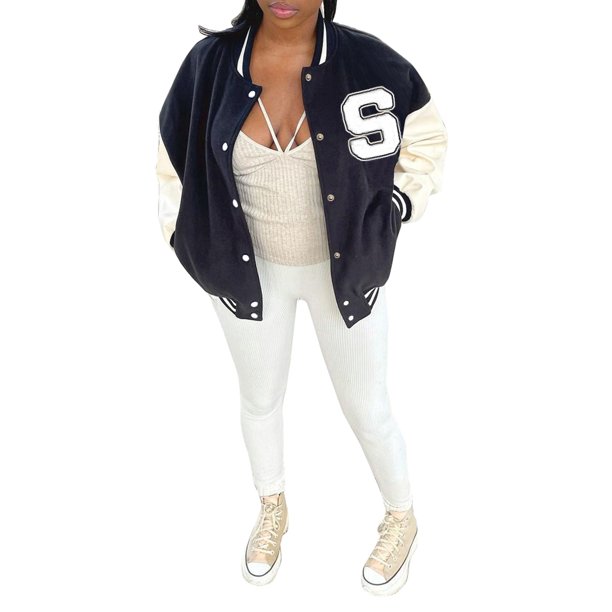 SUNSION Women 's Vintage Varsity Jacket Long Sleeve Oversized Bomber Coats  Letter Print Baseball Jacket Y2K 90s Streetwear