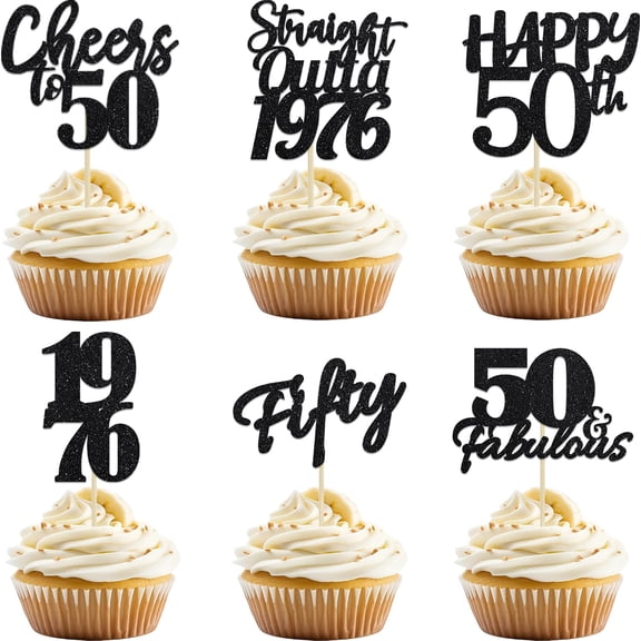 12pcs Black 50th Birthday Cupcake Toppers, "Cheers to 50 Years" Cake Picks for Men 50th Birthday Party Supplies