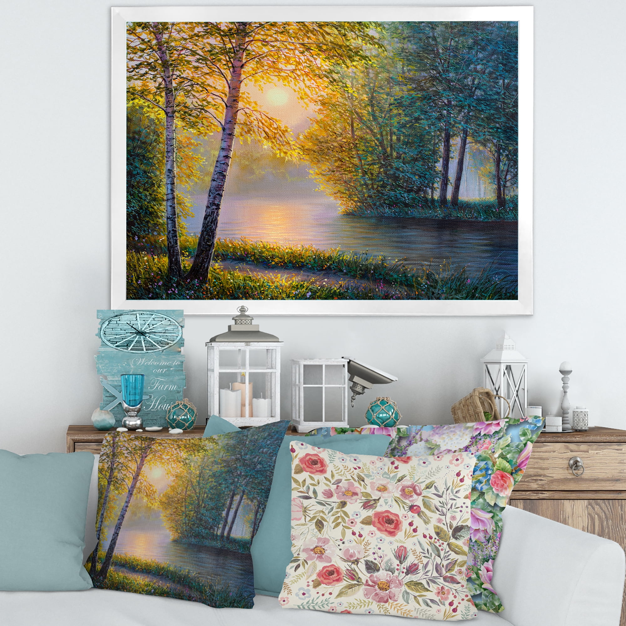 Sunrise Summer With Beautiful River Spring Forest 40 in x 30 in Framed Painting Canvas Art Print, by Designart