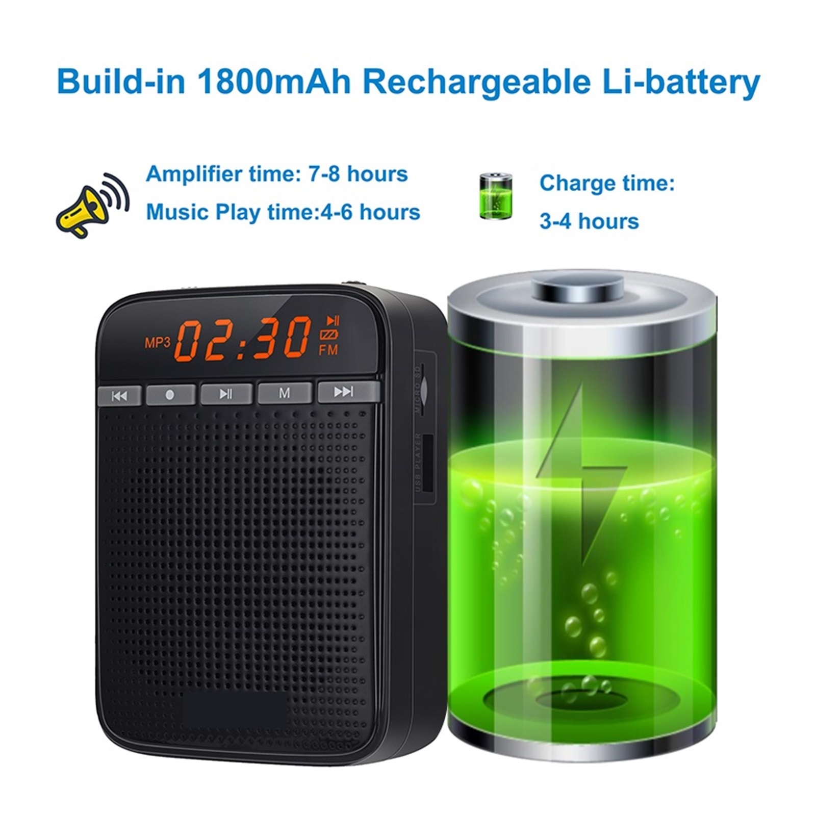 10W Voice Amplifier For Teachers Megaphone AUX Audio Sound Speaker Recording FM Radio With Wired Microphone Tour Guide ,Powerful&Original Sound