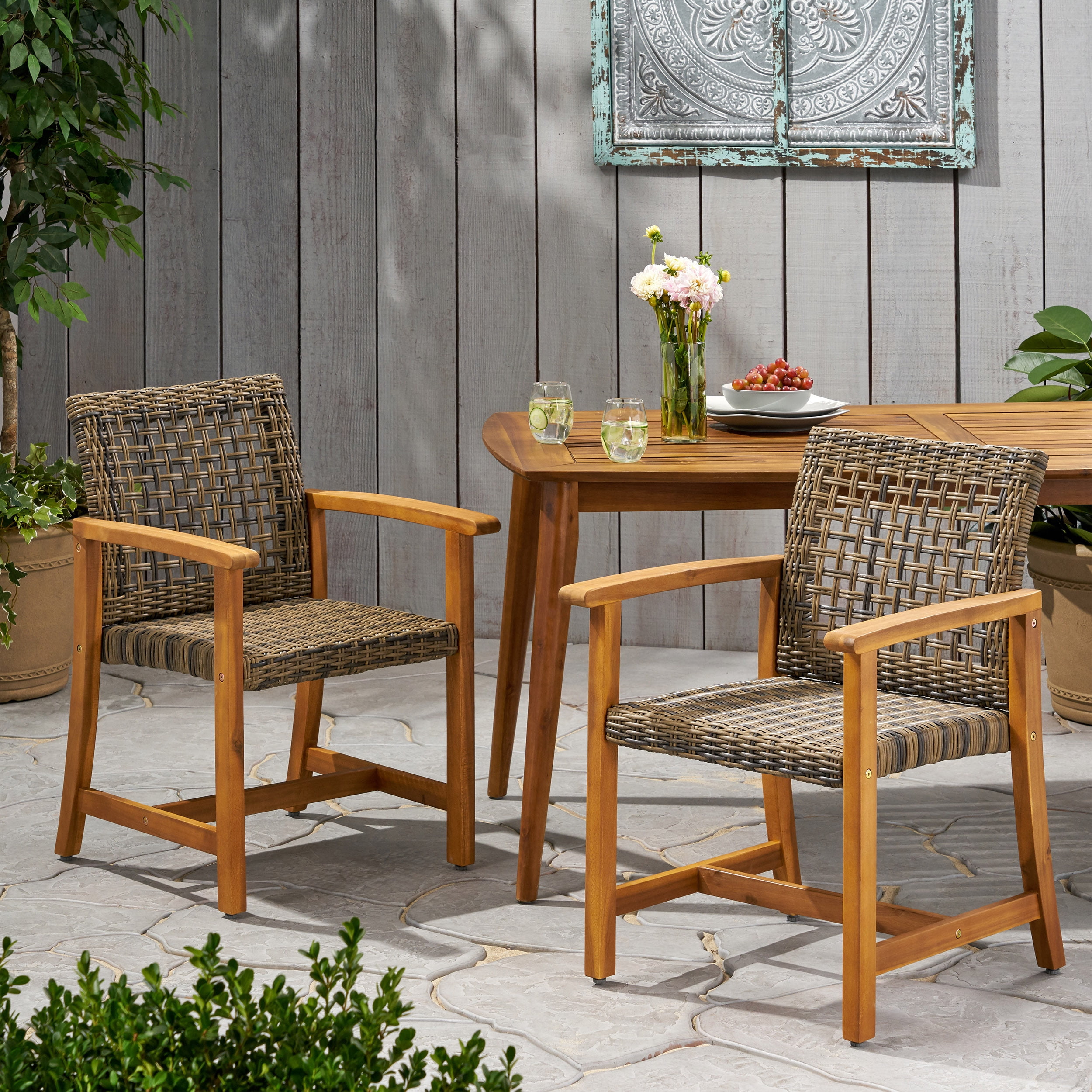 Euroco Outdoor Acacia Wood Armchair with Woven PE Rattan Seat, Weather-Resistant Patio Chair for Garden, Porch, or Deck