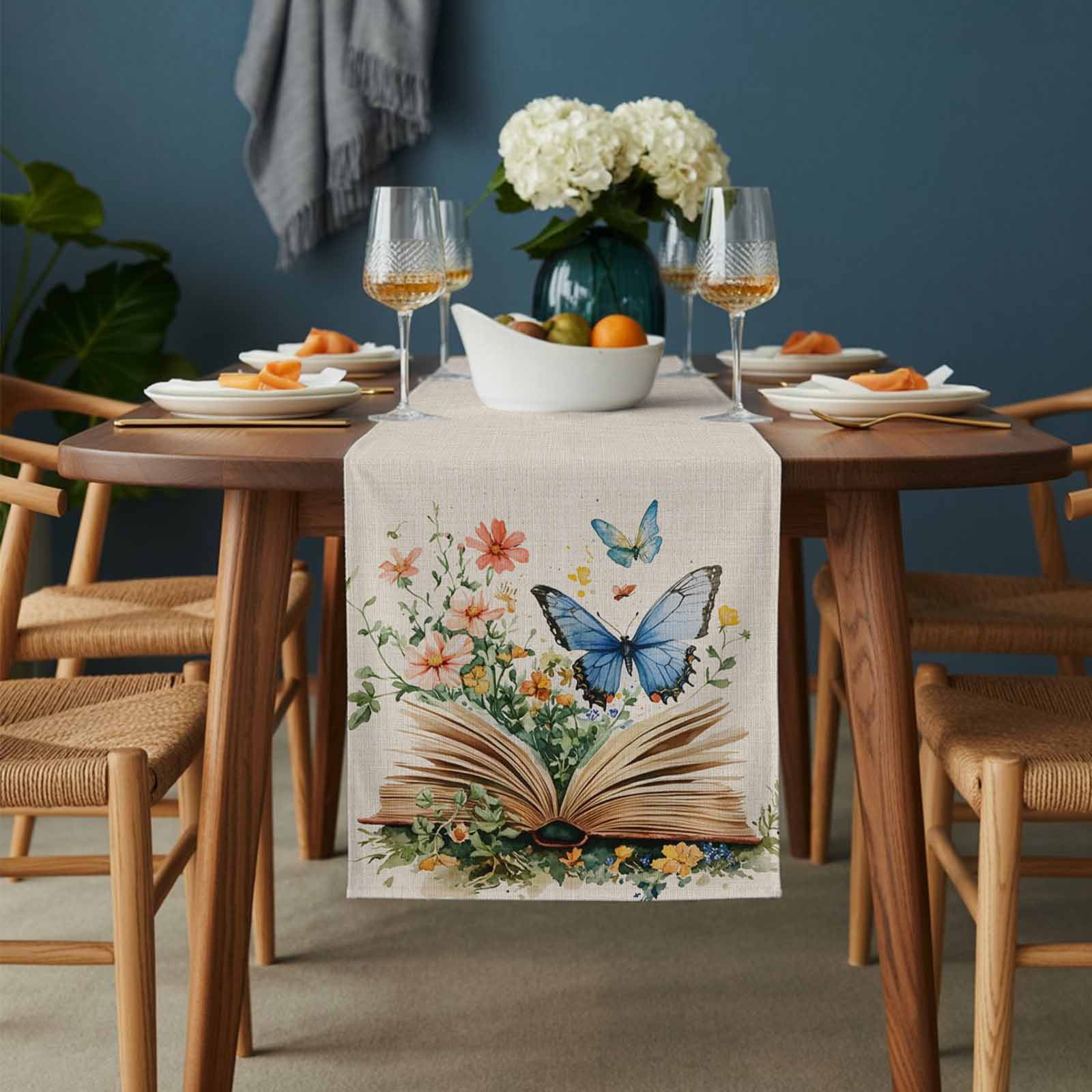 Butterfly Book Table Runner 13x90 inch Spring Flowers Cotton Linen Dining Table Runner Ideal for Dresser Kitchen Coffee Tables - Machine Washable