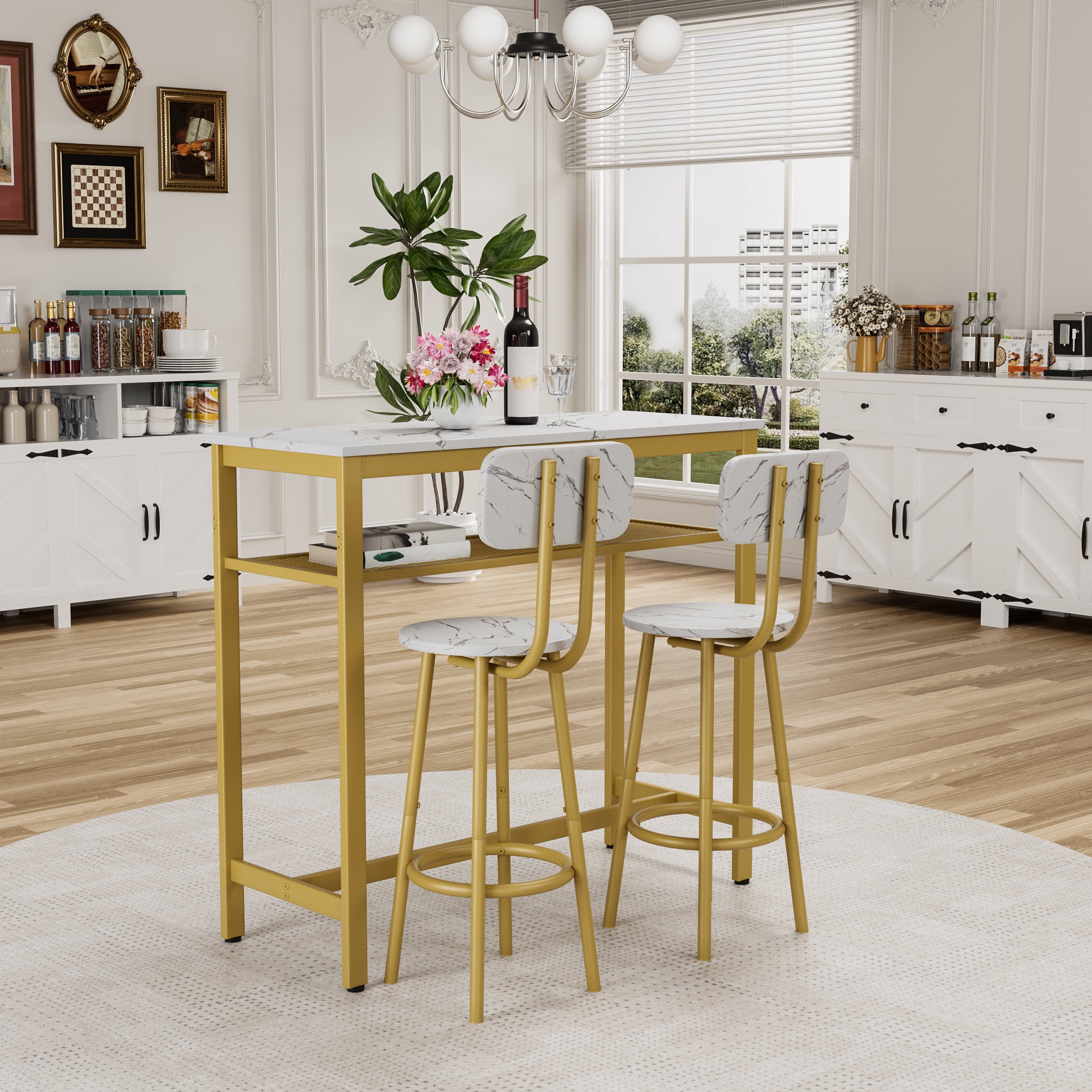3-Piece Bar Table Set,Bistro Kitchen Table Sets with Metal Frame & Storage Rack,Modern Counter Height Table with 2 Stools for Kitchen, Dining Room, Living Room,