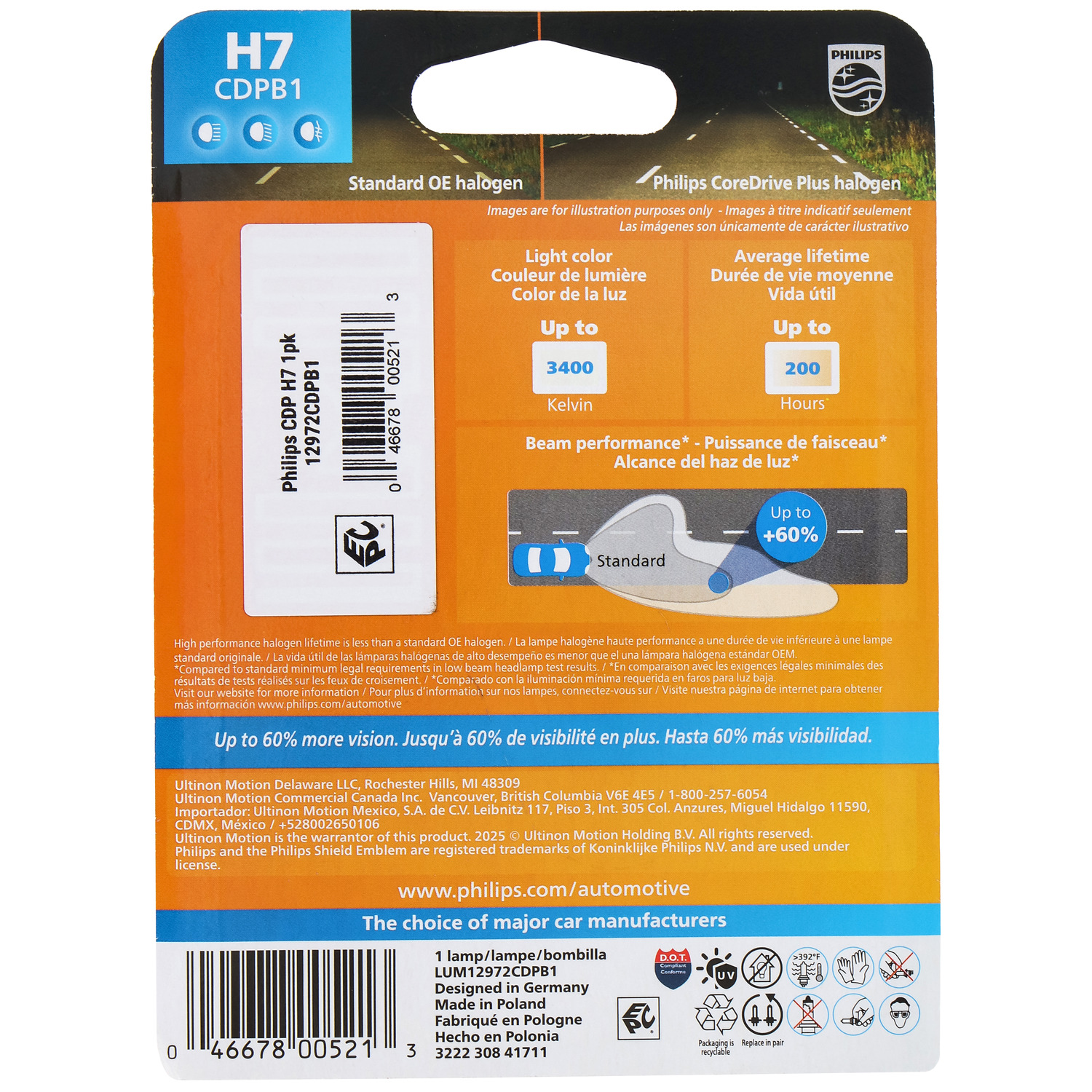 Philips CoreDrive Plus H7 Halogen Headlight Bulb, 1 Pack, Fits Select Vehicles
