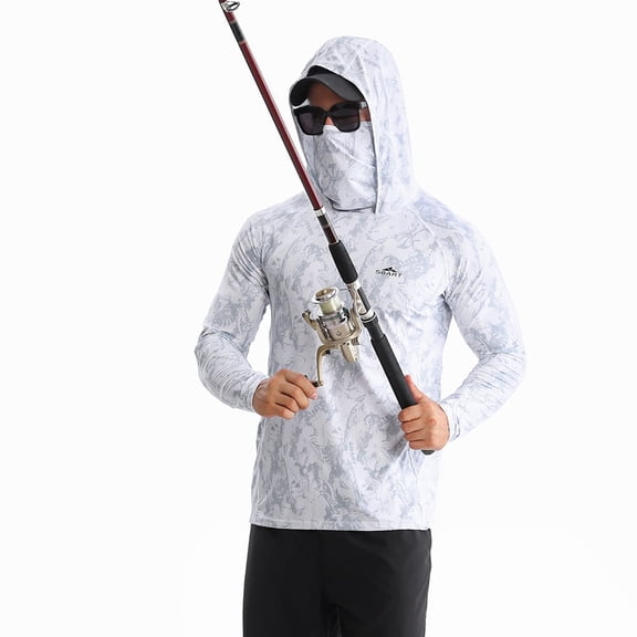 Sbart Men’s Premium Fishing Shirt with Hoodie Face Mask Lightweight Sun Protection UPF 50  Long Sleeve for Fishing Hunting Hiking Biking Outdoor Sports Outdoor Activities Camouflage Oceanwave Color