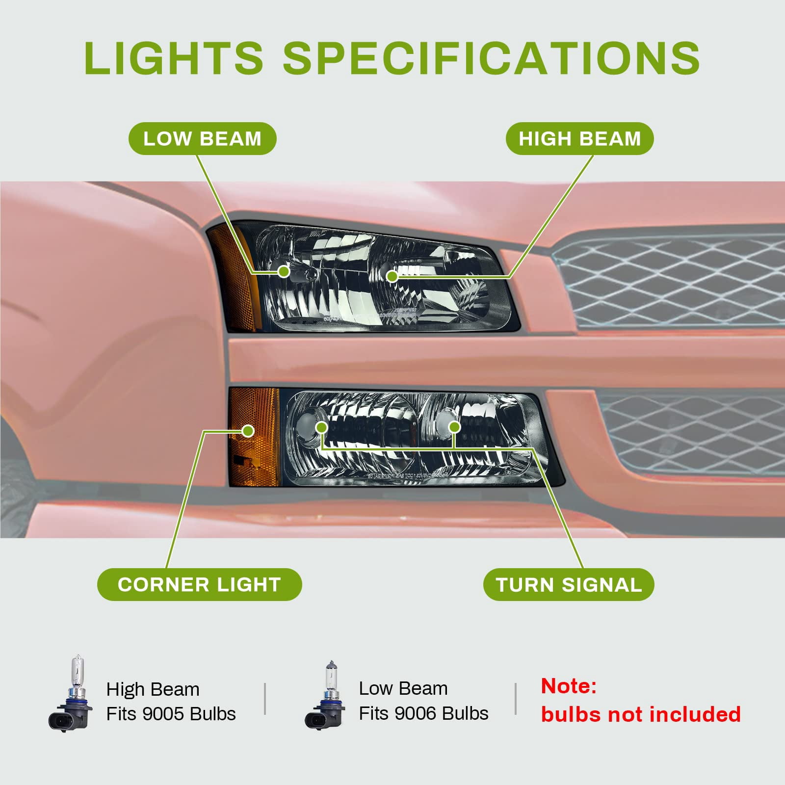 RVNI For 2003-2006 Chevy Silverado Avalance 1500 2500 3500 Smoke Headlights Assembly