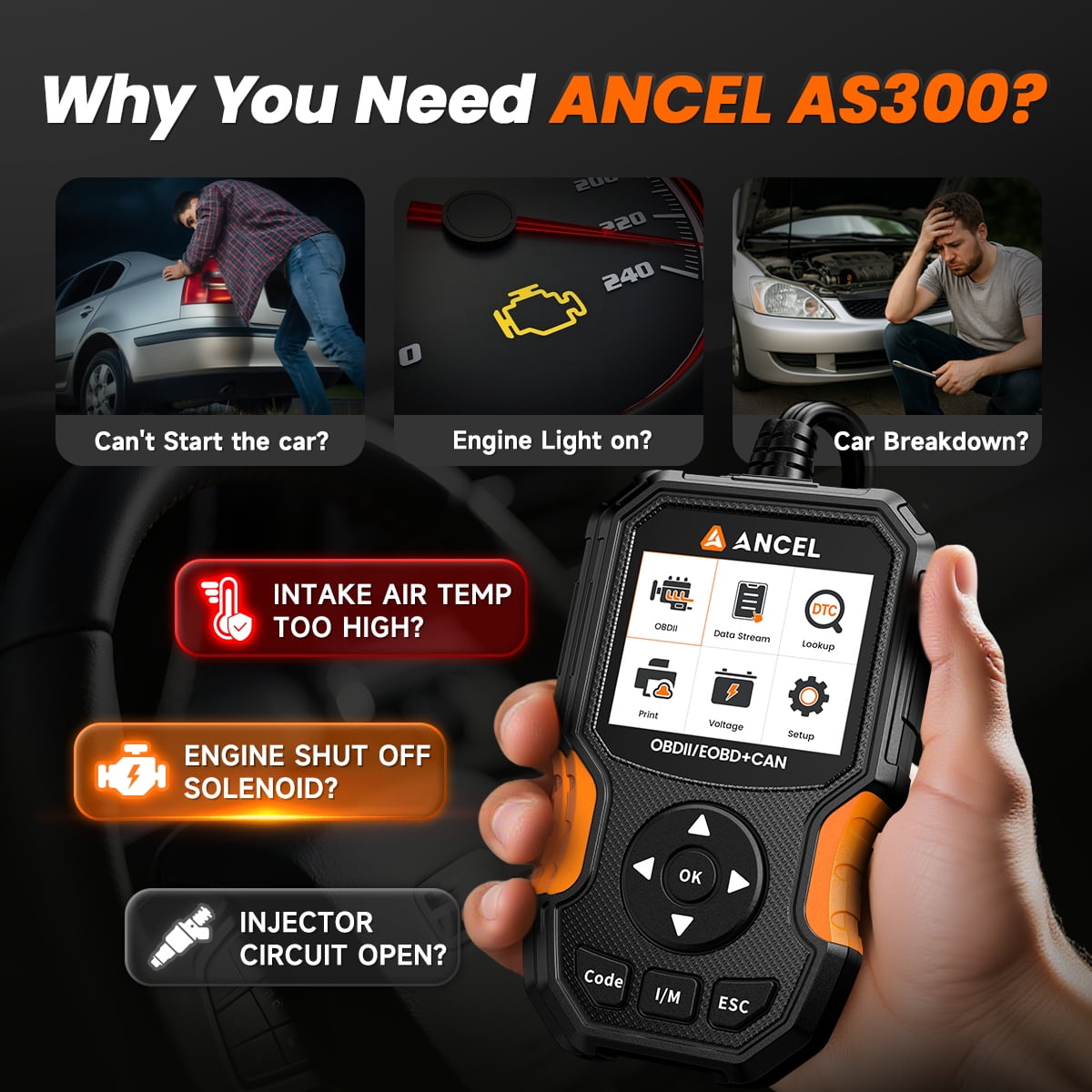 ANCEL AS300 OBD2 Scanner Car Code Reader, Full OBDII Diagnostic Tool with Cloud Printing, DTC Lookup, I/M Readiness, Battery Voltage Test, Live Data, Smog Check, 11 Languages, Lifetime Free Updates