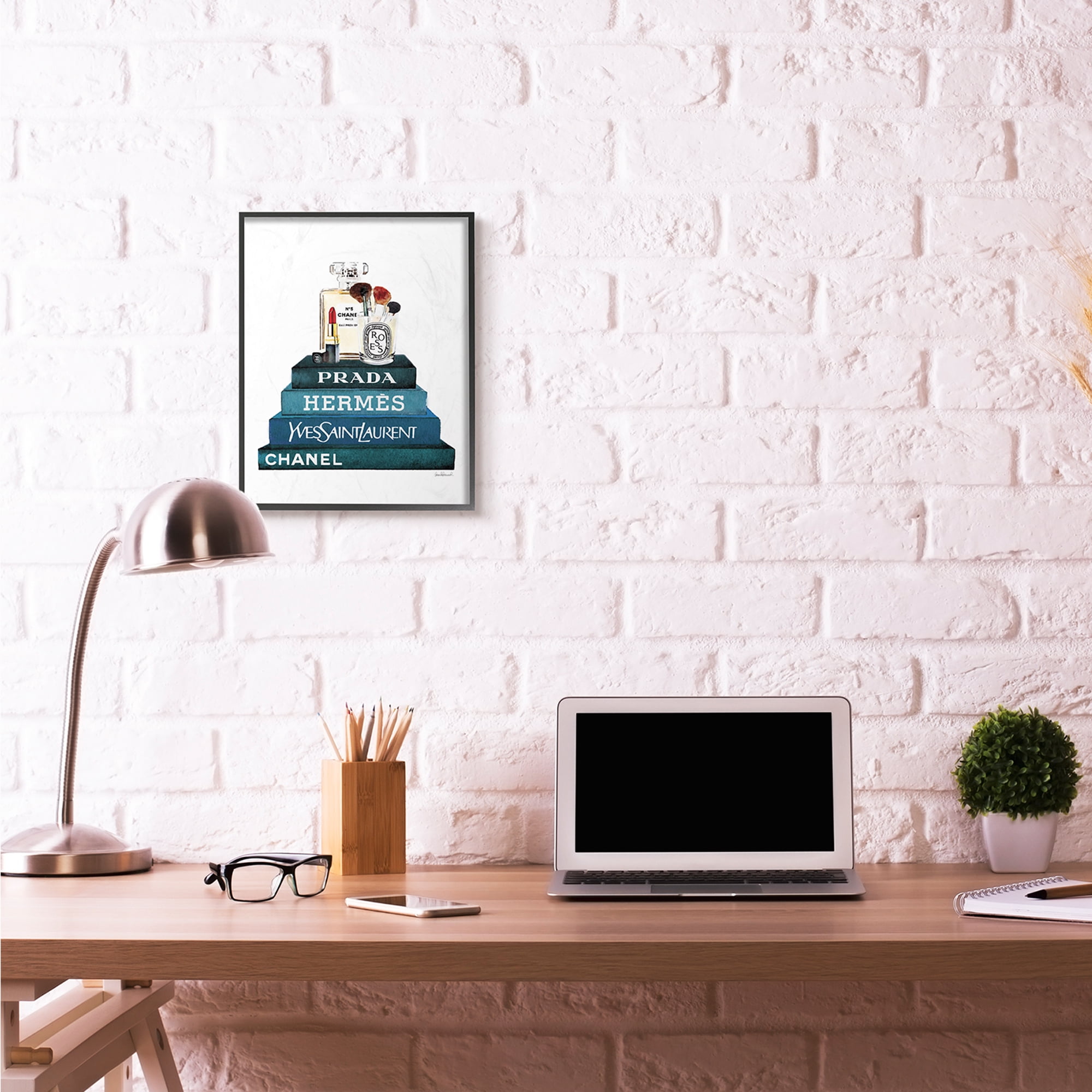 Stupell Industries Fashion Designer Makeup Bookstack Blue Watercolor Framed Wall Art by Amanda Greenwood