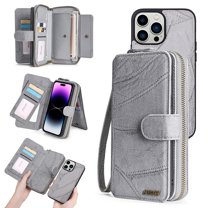 Feishell for iPhone 16 Pro Multi-Function Wallet Case, with Wrist Strap, Premium PU Leather 2 in 1 Magnetic Detachable Purse 14 Card Holder Slots Zipper Pocket Phone Case for Women Men,Gray