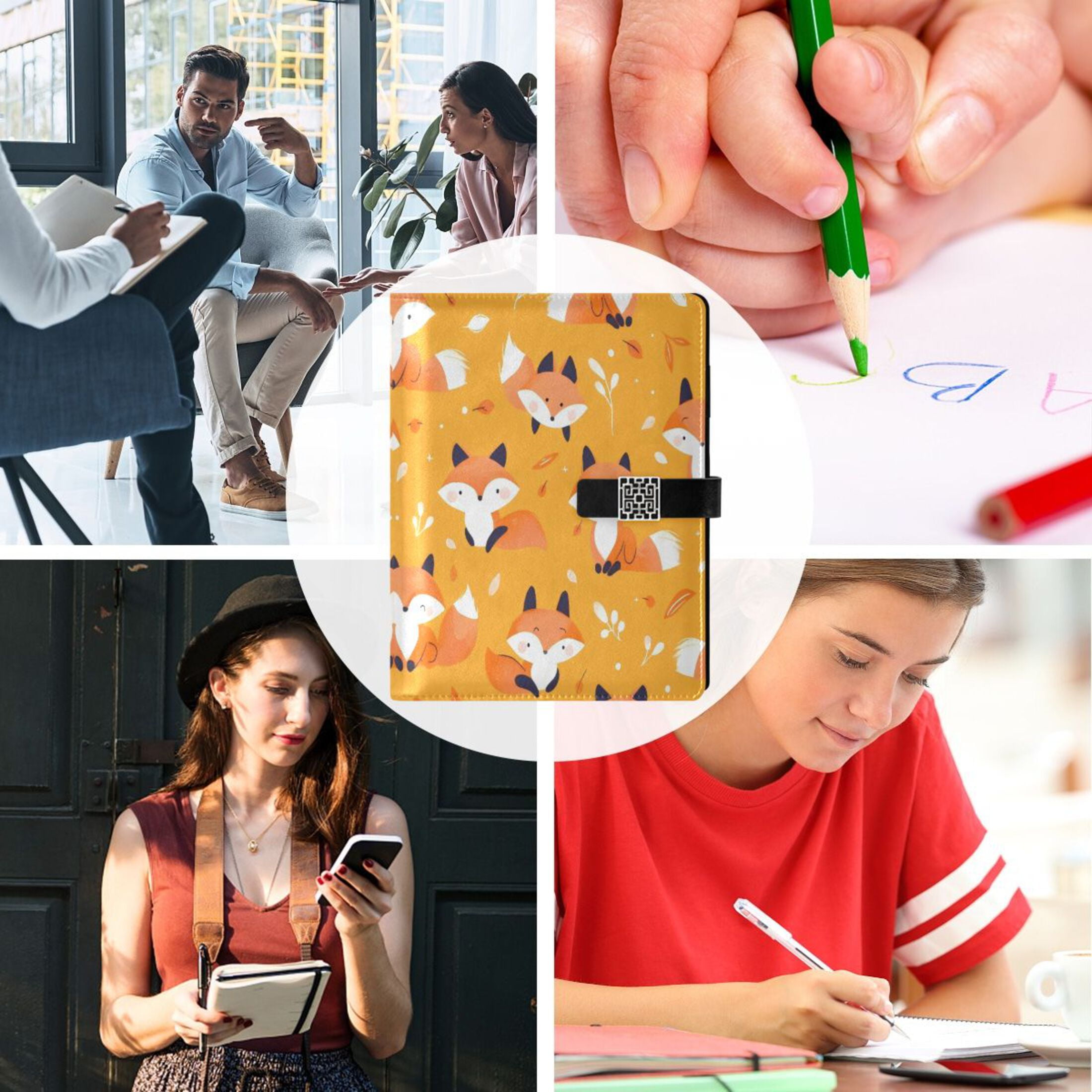 Leather Planner Leather Notebook Notebook Journal Binder Design Pen Pocket Design Convenient for Storage Orange Cartoon Fox