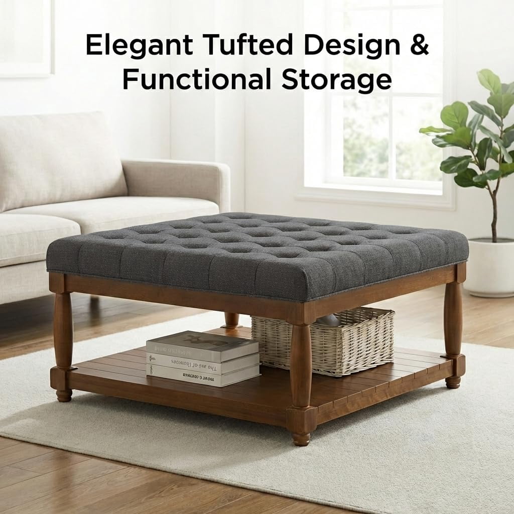 ODUWA Coffee Table Ottoman with Storage Shelf, Tufted Upholstered Footrest Stool, Solid Wood Base Accent Table for Living Room