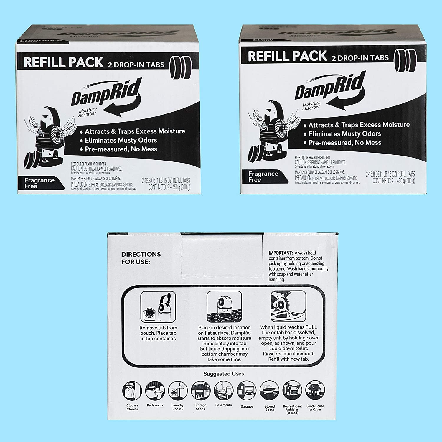 DampRid Fragrance Free Drop-in Tab Refill - 4 Pack - 15.8 Oz. Refill Tabs - Moisture Absorber