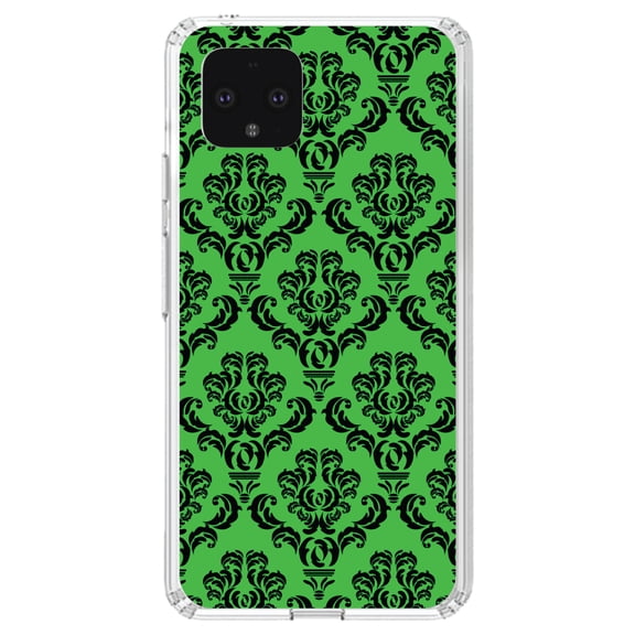 DistinctInk Clear Shockproof Hybrid Case for Google Pixel 4 (5.7" Screen) - TPU Bumper, Acrylic Back, Tempered Glass Screen Protector - Green Black Damask Pattern - Floral Damask Pattern