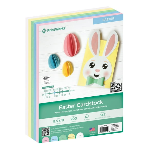 Printworks Easter Cardstock Collection, 67lb Heavyweight Cardstock, Includes Pastel Pink, Green, Yellow, Blue, and White Cardstock, 200 sheets total, Perfect for Cards, Crafts & More (00594)