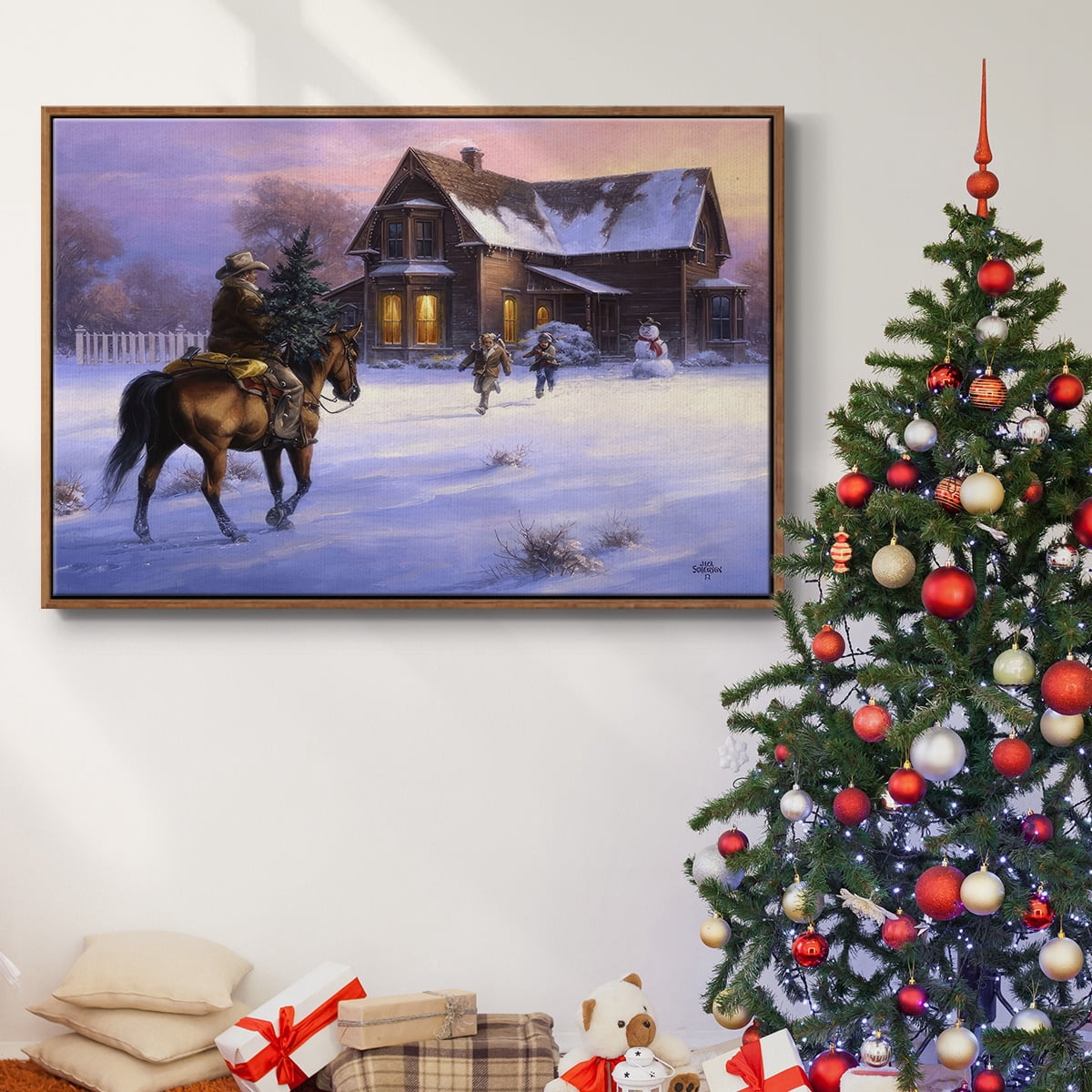 The Day Daddy Brought Home the Tree - Framed Gallery Wrapped Holiday Canvas - 27 x 41 - Rosewood Frame