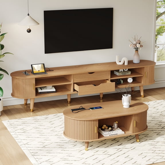 Mintazer Farmhouse Furniture Sets, Living Room Set with 80 inch Fluted TV Stand & Coffee Table, TV Stand with Drawers & Adjustable Shelves, Coffee Table with Sliding Doors & Charging Station, Natural