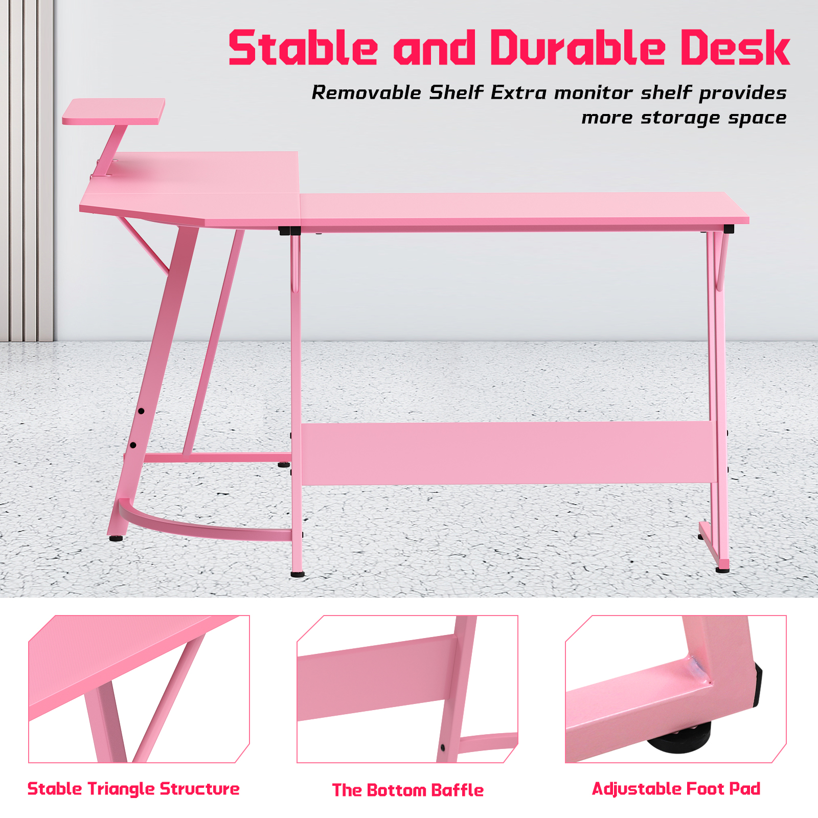 Dkelincs L Shaped Gaming Desk, 50.4" Corner Computer Desk PC Game Table with Monitor Stand Large Desktop for Home Office Study Writing Workstation, Pink