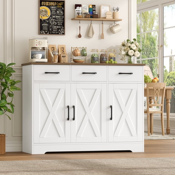 Homfa 42.5'' Kitchen Buffet Sideboard Cabinet, 3 Drawers Farmhouse Coffee Bar Storage Cabinet with Adjustable Shelf, White