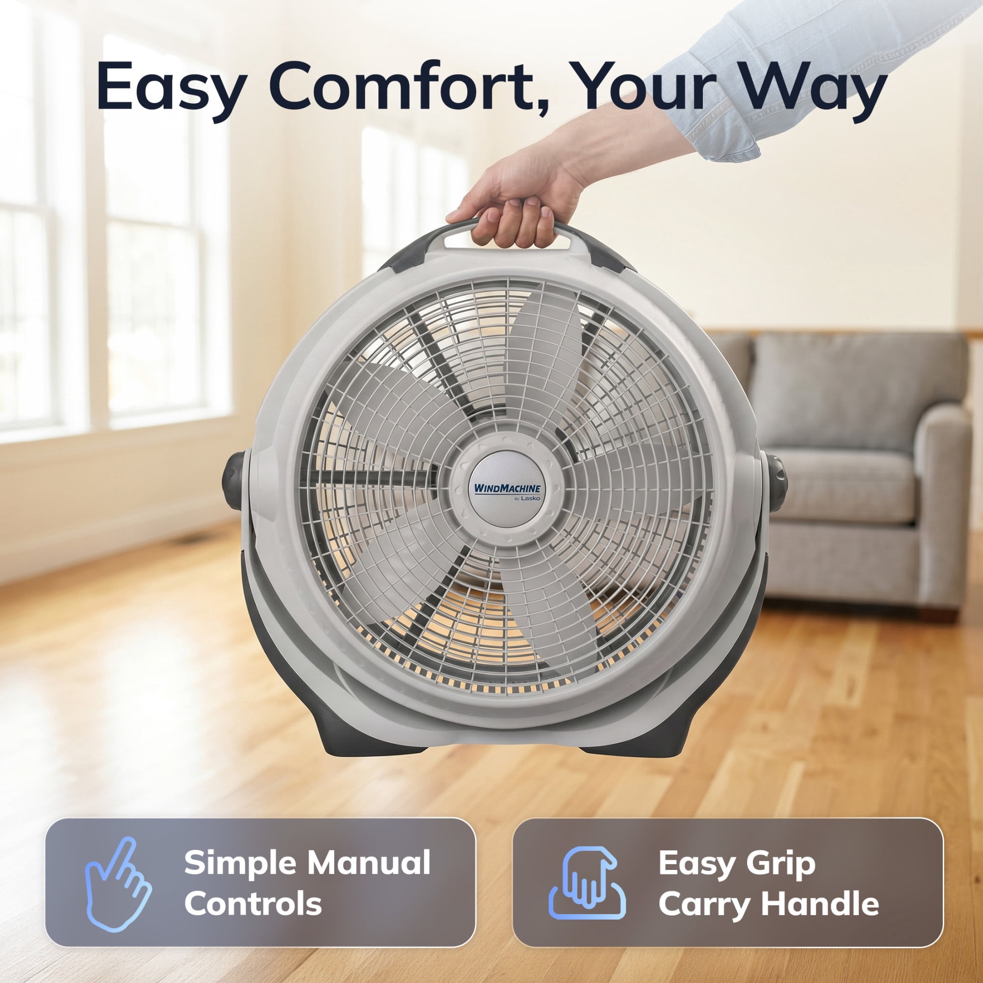 Lasko WindMachine 20" Large Floor Fan with Pivoting Head for Whole Room Cooling, 3-Speed  High Performance Air Circulator Fan, Gray, A20301