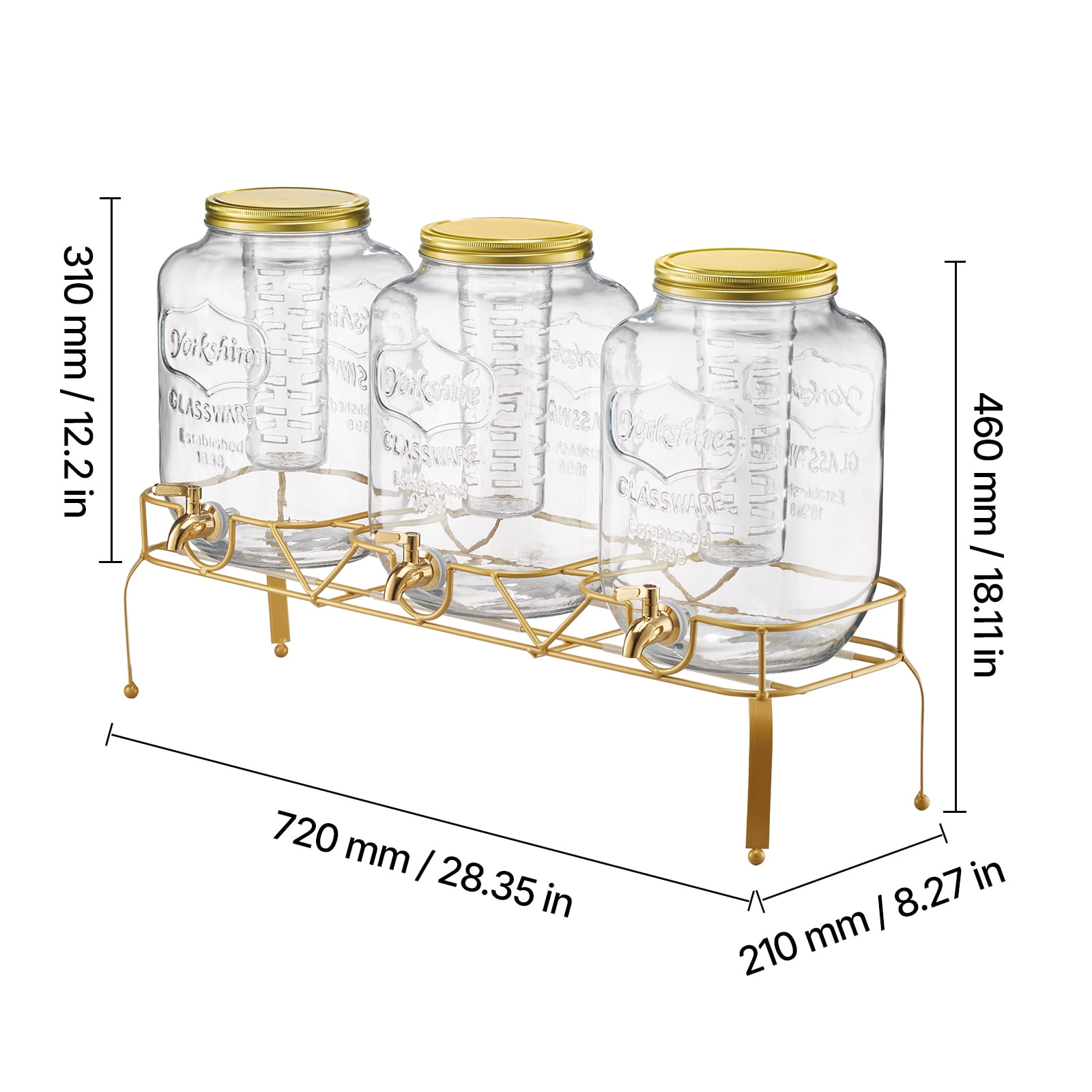 VEVOR Beverage Dispenser, 3 Pack 2 Gallon Drink Dispensers for Parties, Glass Juice Dispenser with Metal Stand, Stainless Steel Spigot, Infuser, Iced Tea Lemonade Juice Water Dispensers for Parties