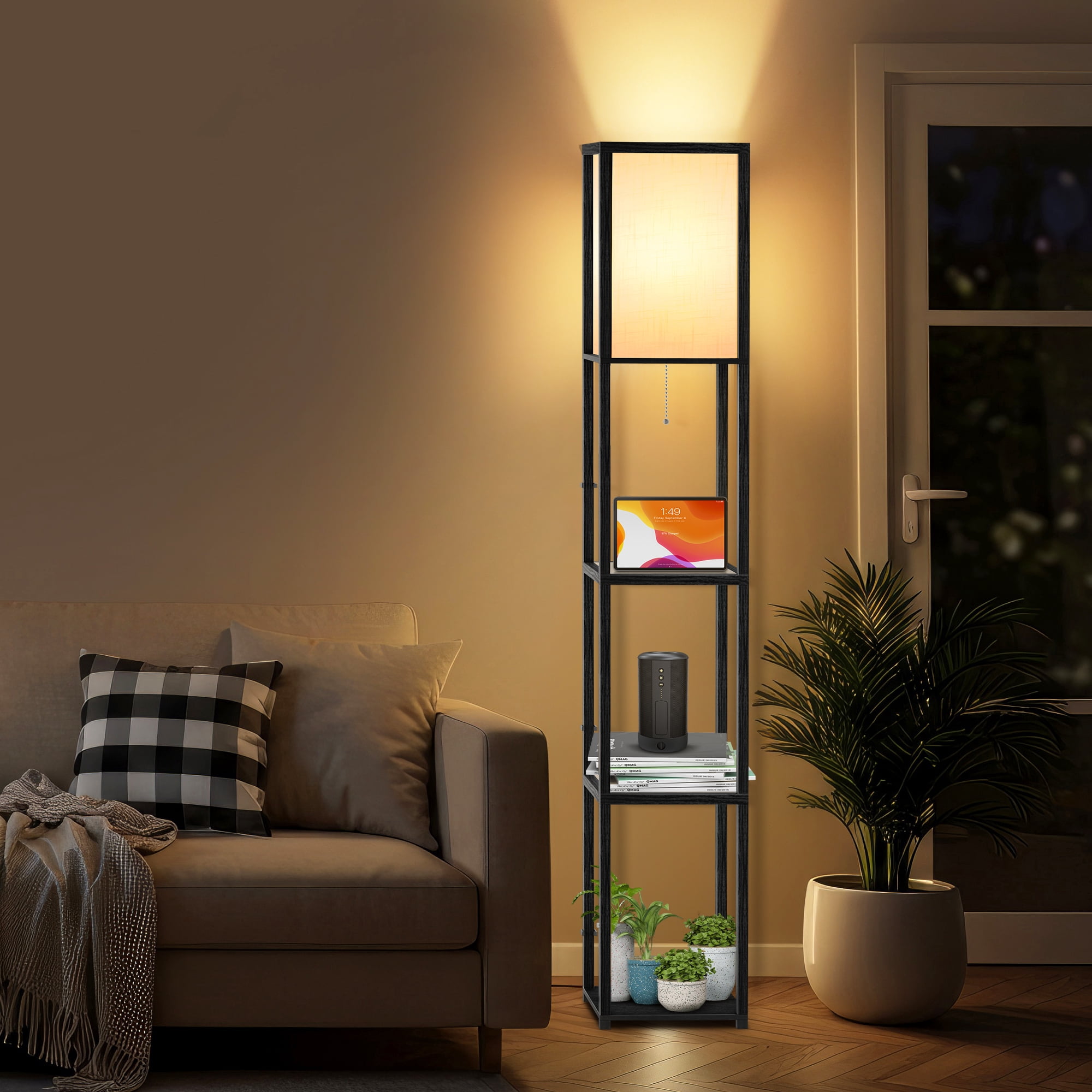 OUTON 65'' Floor Lamps with Shelves, Home Standing Lamp, Include 1080 Lumens Lighting Bulbs, Shelf Floor Lamp, Black Floor Lamps for Living Room, Bedroom, Lamp with Storage Dustproof