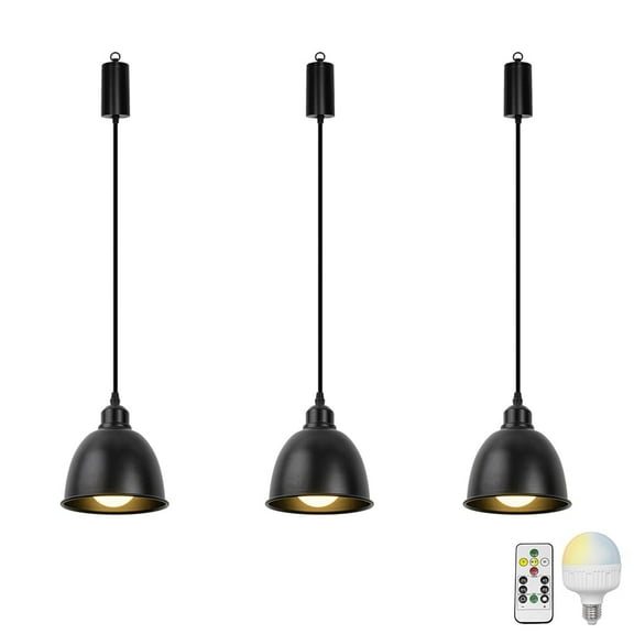 KAYYELAMP 3-Pack Hanging Light Rechargeable Battery LED Remote Dimmable Black Shade and Base 3.2Ft Adjusted Cord Vintage Pendant Light for Home Kitchen Bedside
