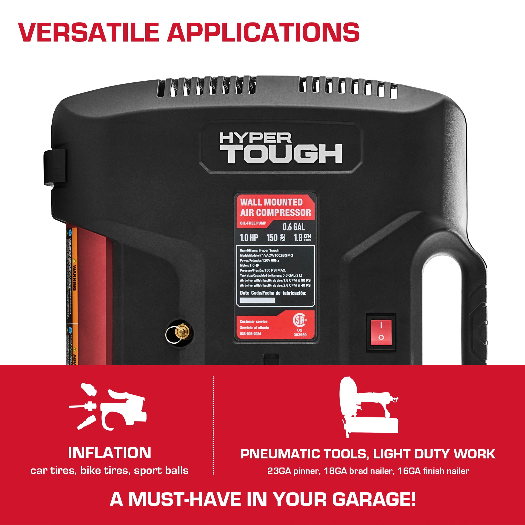 Hyper Tough 0.6-Gallon Oil Free Wall-Mount Air Compressor, 150 PSI