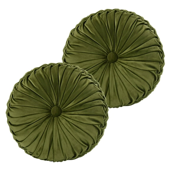 Almohadones decorativos HIG de terciopelo con pliegues, redondos, 2 unidades, 37 cm, oliva