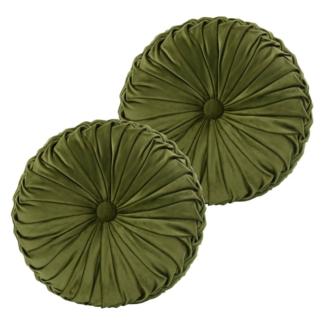 Almohadones decorativos HIG de terciopelo con pliegues, redondos, 2 unidades, 37 cm, oliva