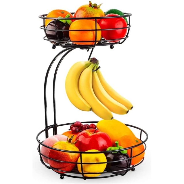 Cesta de frutas de 2 niveles con soporte para plátanos, frutero moderno de pie para cocina diaria, cestas prácticas para frutas y verduras de metal, color negro