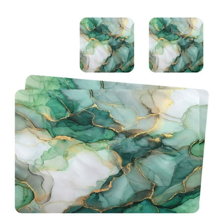 Square Leather Placemat Set One SizeX2 Heat-Resistant Washable Kitchen Table Decorations Golden Green Marble Crack