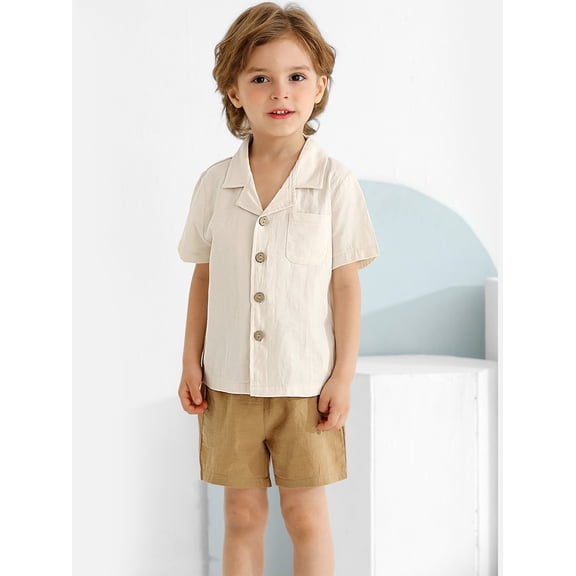 Hotiary 1-5T Toddler Baby Boys 2 Pieces Cotton Linen Set Short Sleeve Button Down Shirt and Shorts Set Summer Outfits