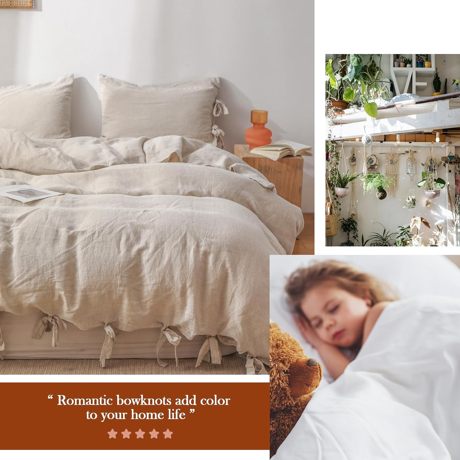 Simple&Opulence 100% Linen Duvet Cover Set, 3 Piece Belgian Flax Breathable Bedding, Queen Size 88''x92'' (1 Comforter Cover+2 Pillowshams) with Tie Closure Style,Linen