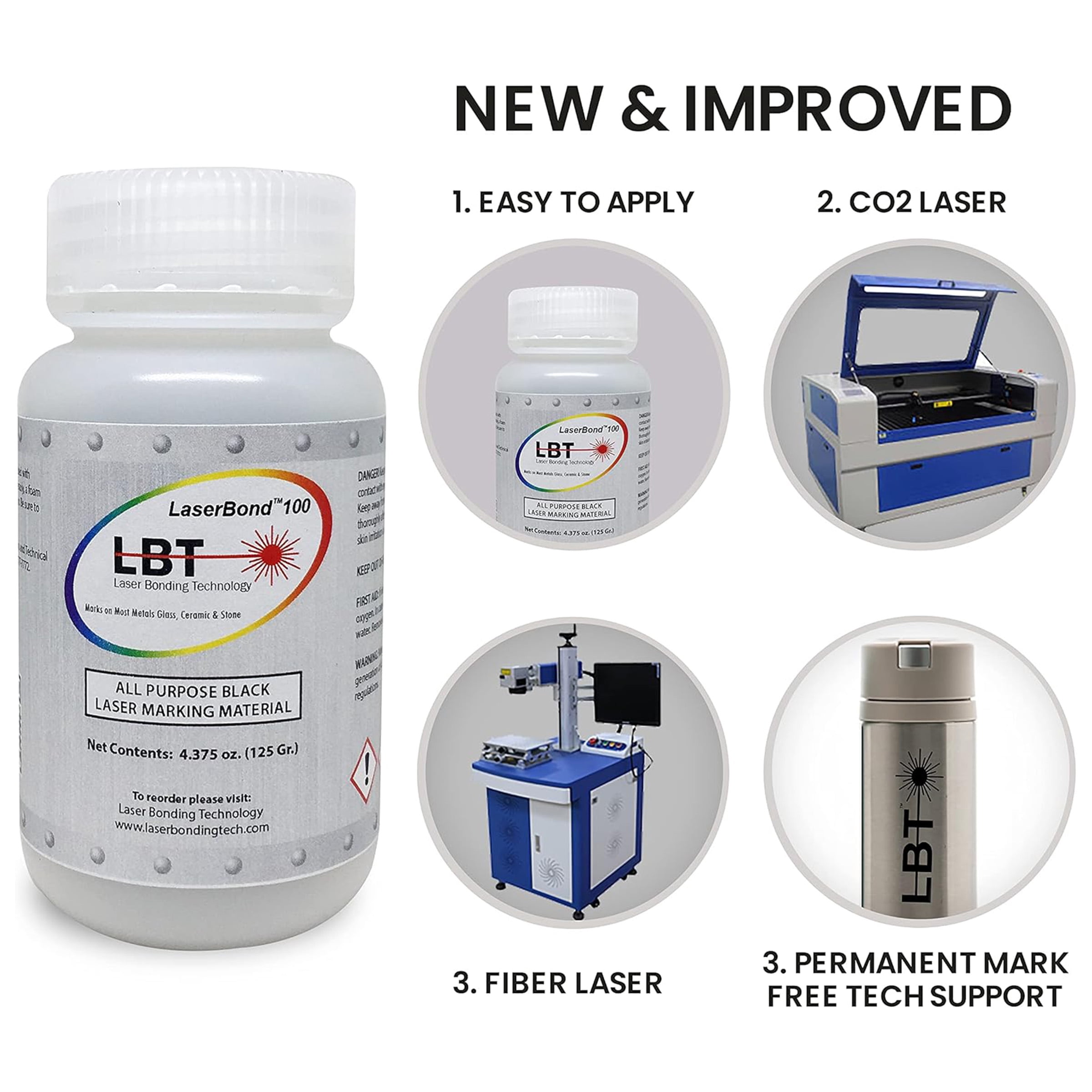LaserBond 100 Black Laser Marking Ink 125g, Compatible with CO2 Fiber Diode and YAG Laser Engravers, Permanent Marks on Metal Glass Stone and Ceramic