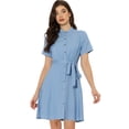 thumbnail image 1 of Vestido camisero de mezclilla Allegra K Azul Claro L con botones y cinturón, 1 of 5