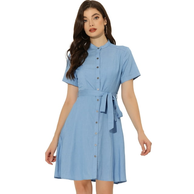 Vestido camisero de mezclilla Allegra K Azul Claro L con botones y cinturón