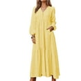 thumbnail image 2 of Women'S Boho Cotton Maxi Dress V-Neck Long Sleeve Flowy Beach Dress with Pockets and Buttons Light Yellow M, 2 of 9