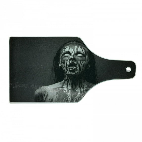 Zombie Cutting Board, Unusual Scream Monster Woman with Empty Eyes Looking up Horror Picture Design, Tempered Glass Cutting and Serving Board, Wine Bottle Shape, Black and White, by Ambesonne