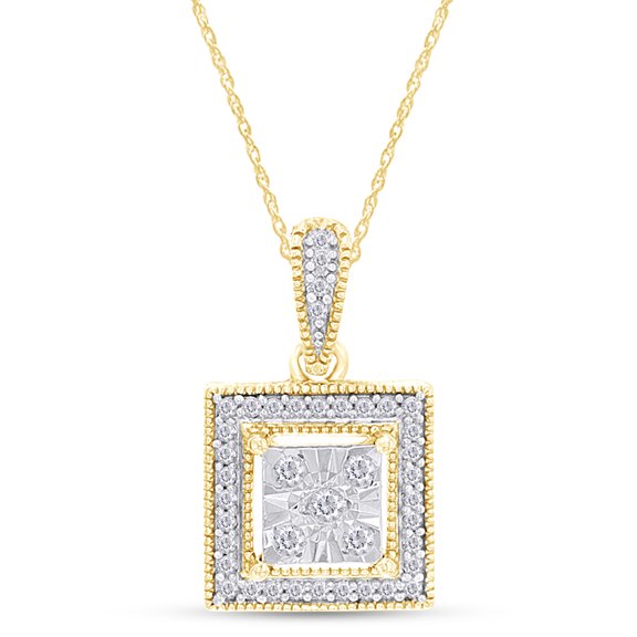 AFFY 14K Yellow Gold Over Sterling Silver Round Cut Natural Diamond Square Frame Vintage-Style Pendant Necklace Along With 18" Chain For Women's (0.12 Cttw, I2-I3 Clarity)