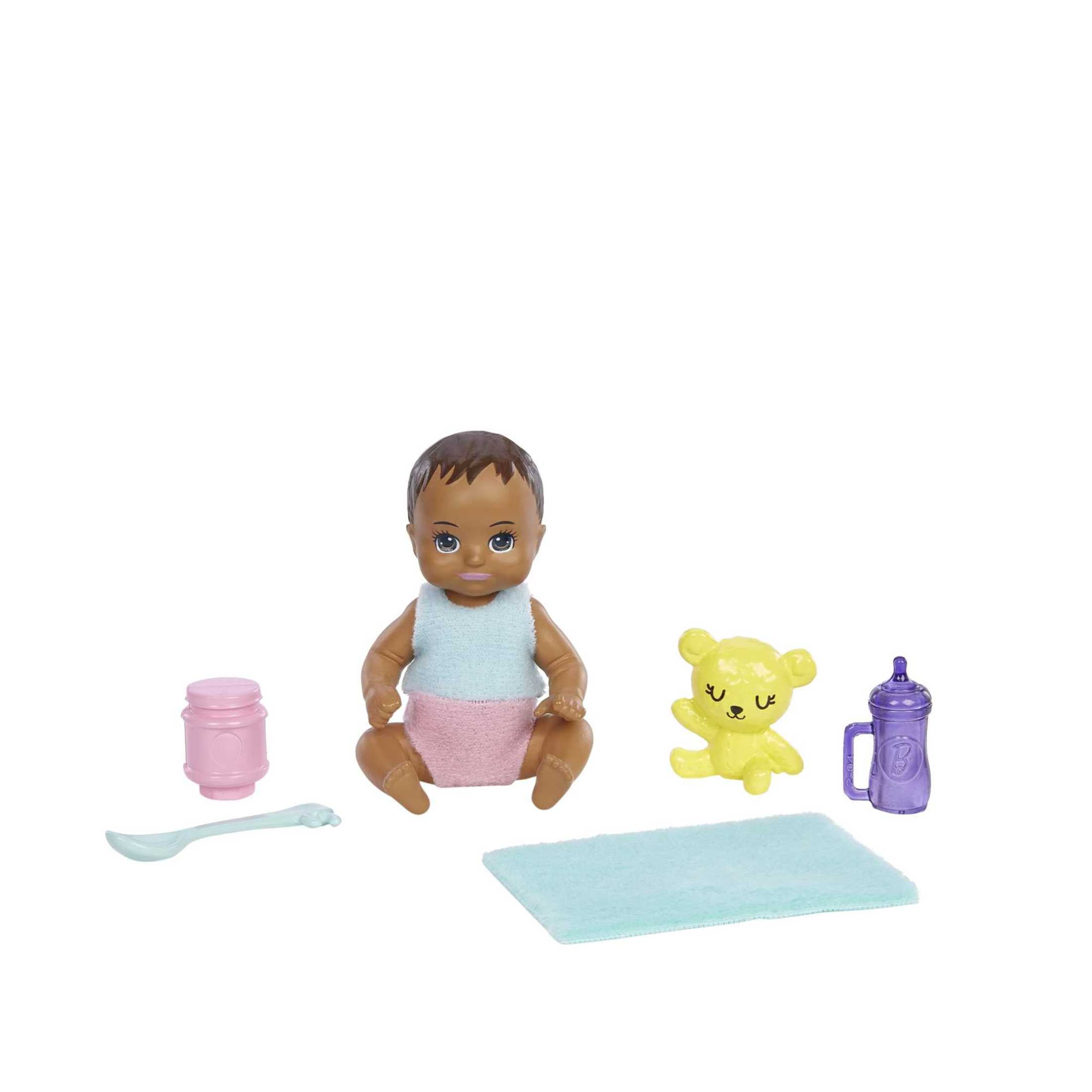 Barbie Skipper Babysitters Inc Brunette Doll in Flowered Skirt with Baby Doll & 5 Themed Pieces