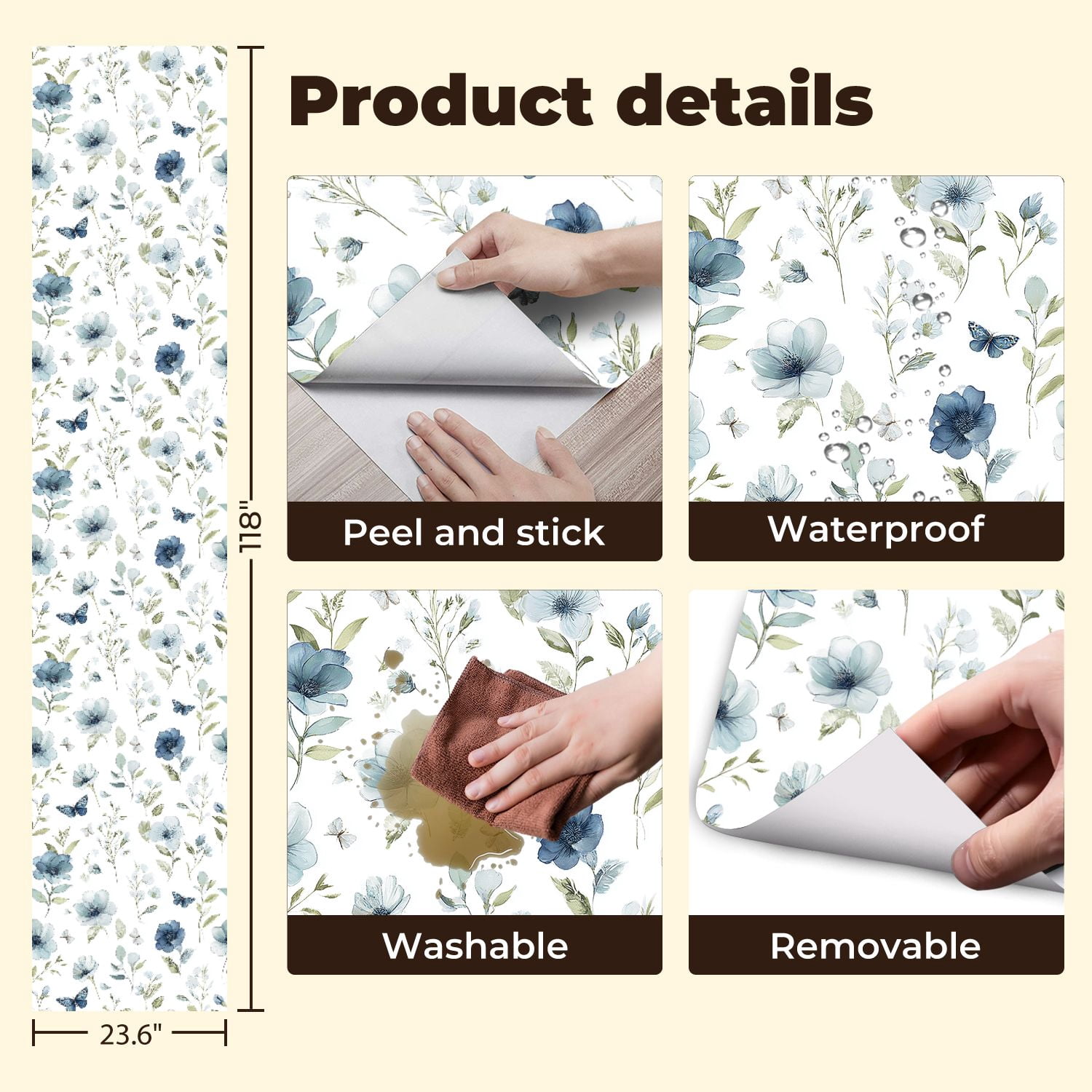 Peel and Stick Wallpaper Soft Blue Floral Butterflies Leaves Botanical Summer Wall Mural 23.6in x 9.8ft Self Adhesive Removable Wall Paper Renter Friendly Wallpaper for Nursery Bedroom Cabinets