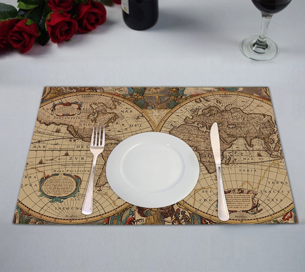 GCKG World Map Placemat,Vintage Retro World Map Table Placemat 12x18