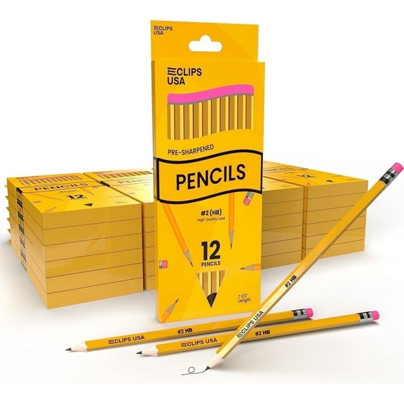 E-CLIPS USA #2 Pencils, HB Graphite Woodcased Pre Sharpened Pencils, 144 Boxes