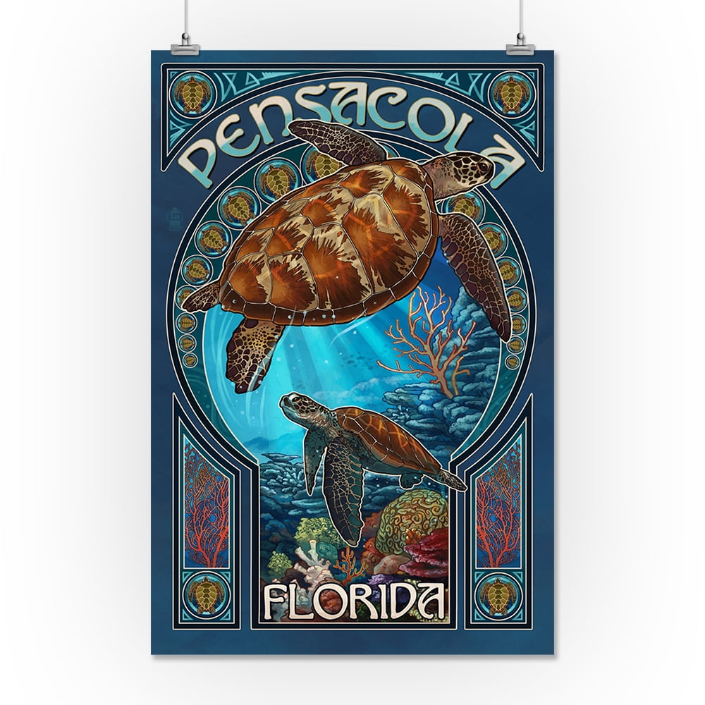 Pensacola Florida Sea Turtle Art Nouveau Lantern Press Artwork