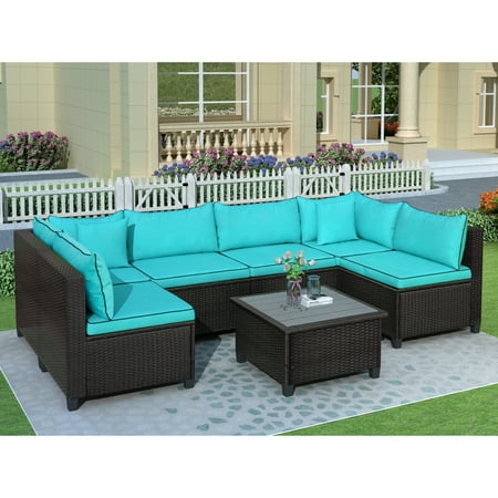 7-Piece Wicker Patio Conversation Furniture Set with 6 Seats 1 Piece Tempered Glass Table 6 Removable Cushions 2 Pillows for Backyard Porch Lawn Pool Blue Q8176