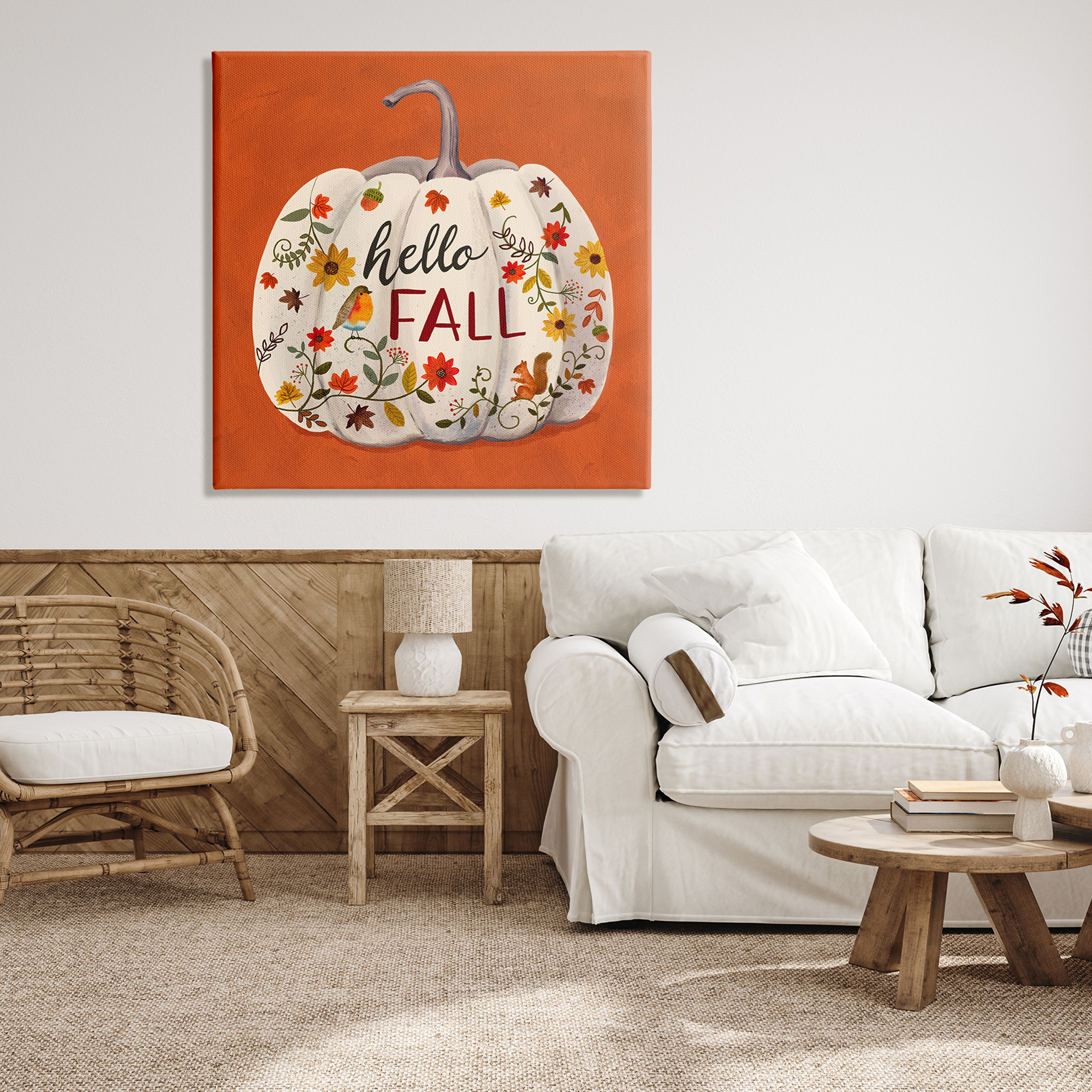 Hello Fall Patterned White Pumpkin Floral Botanicals Botanical & Floral Graphic Art Gallery-Wrapped Canvas Print Wall Art