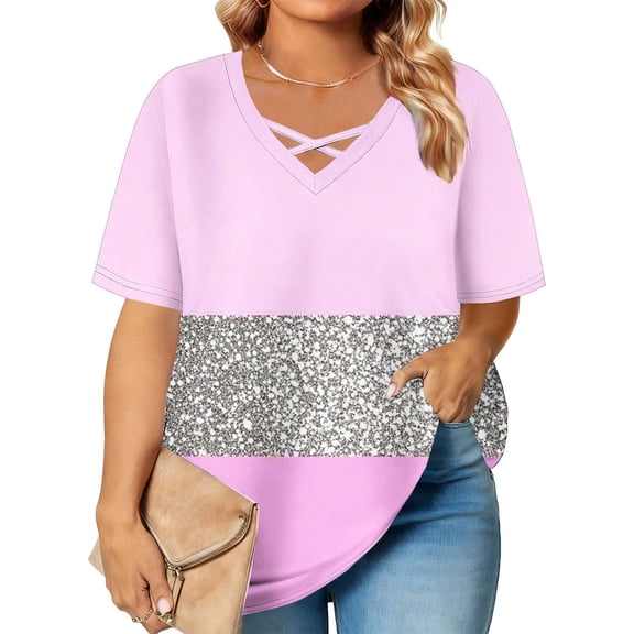 Scyoekwg Tops for Women Trendy Summer Loose Fit Dressy Casual Fashion Clothes Short Sleeve Top Plus Size Oversized T-Shirt V-Neck Color Block Top Pink ,XXXXL