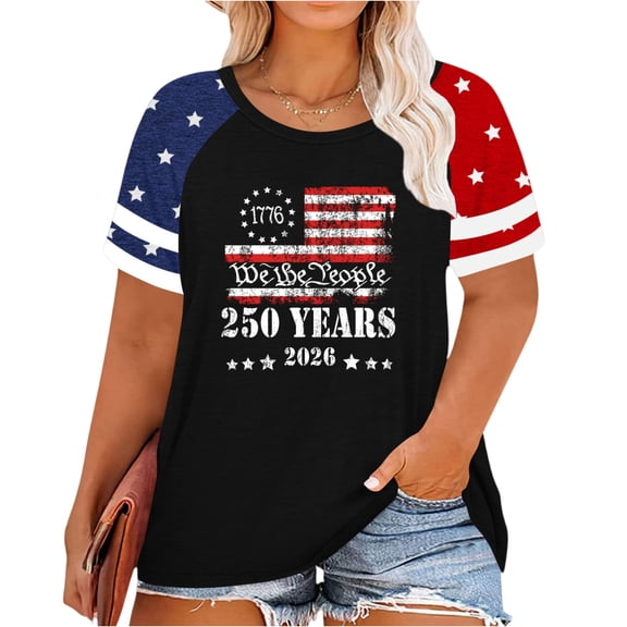 Plus Size American Flag Shirts for Women 4th of July Tshirts USA 1776-2026 Patriotic Tops 250th Anniversary Tees Black 3XL