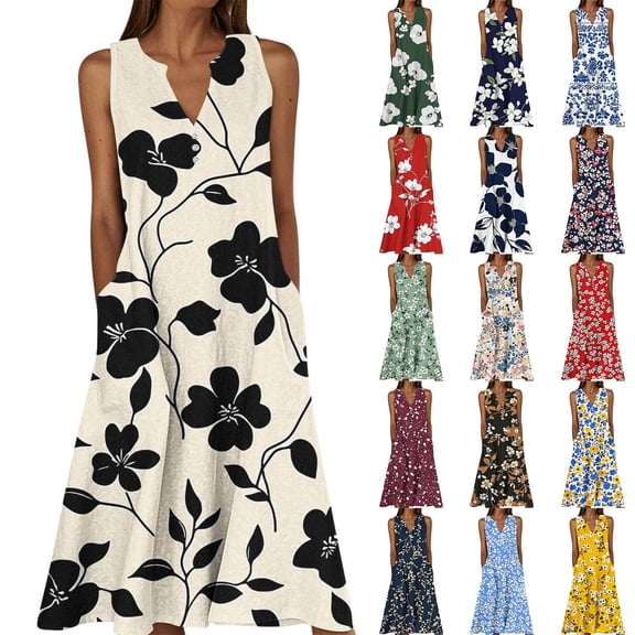 Horkkom Maxi Dresses for Women Summer Plus Size Sleeveless Dress Casual Floral Dresses with Pockets XXL