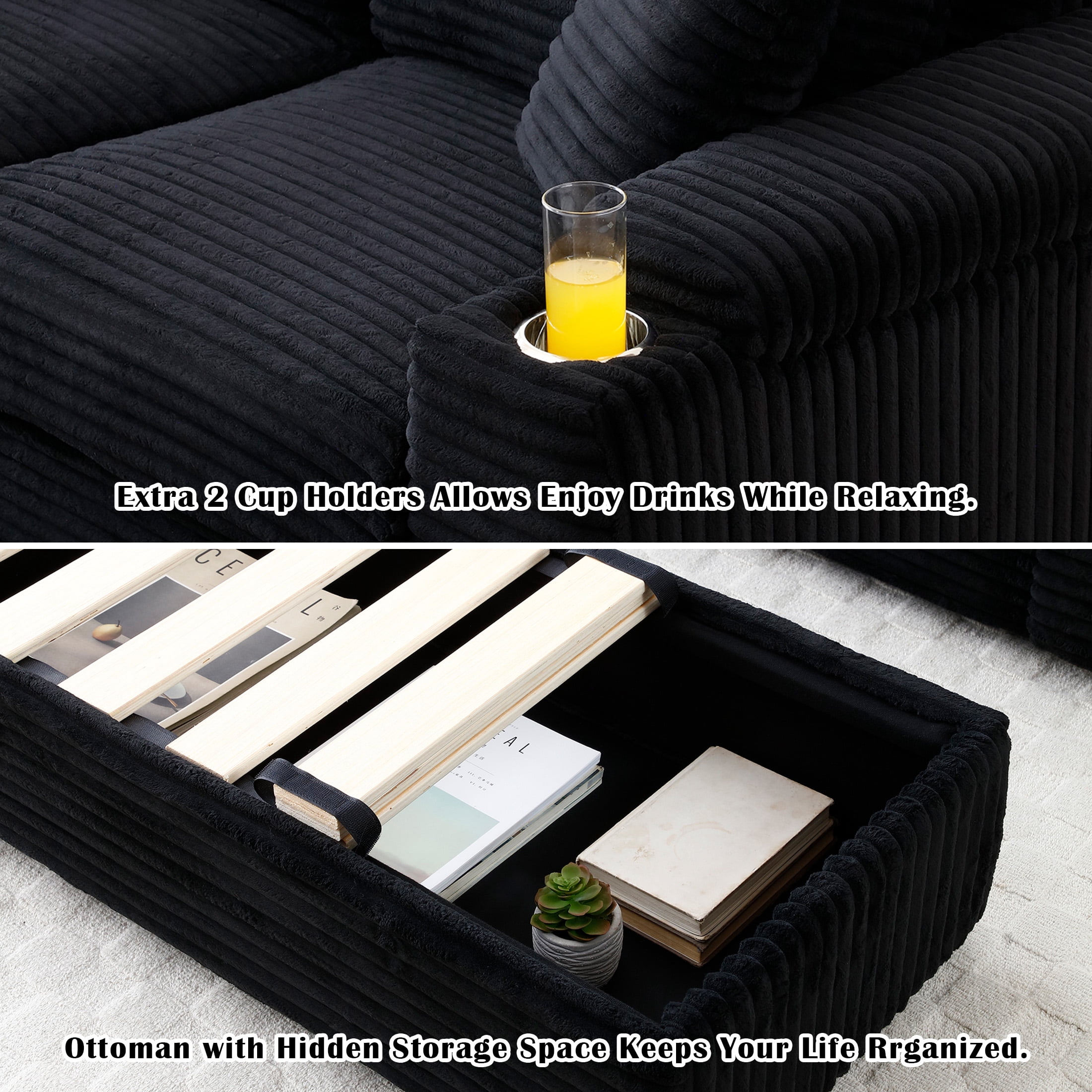 Aukfa 43 inch Corduroy Chaise w/ 2 Cupholders&Storage Ottoman, Plush Chair Bed, 3 Pillows, Black